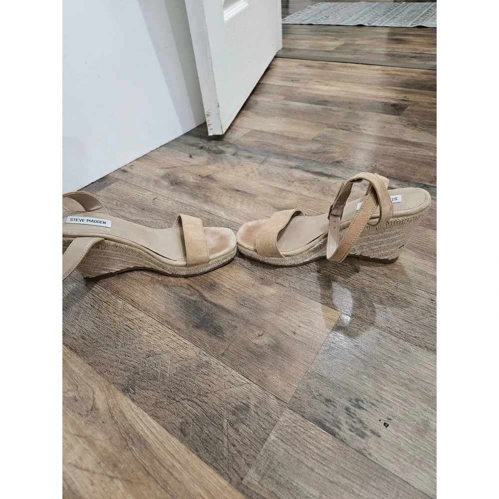 Steve Madden Womens Tan Suede Espadrille Wedge Sandals Ankle Strap Size 8